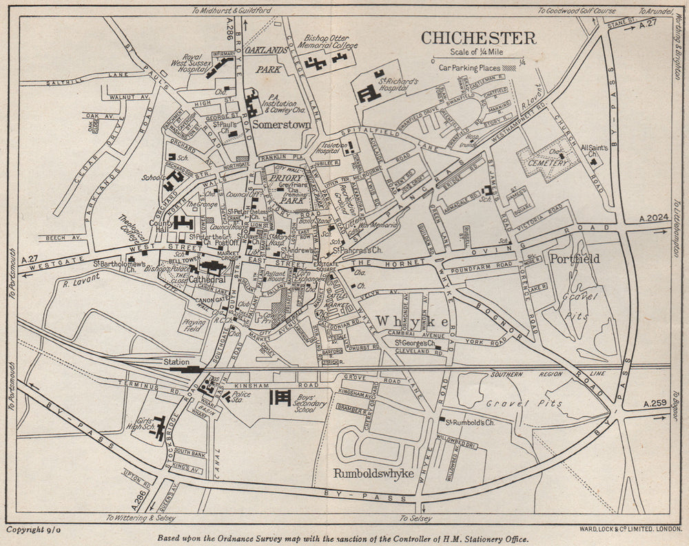 CHICHESTER vintage city/town plan. Sussex. WARD LOCK 1950 old vintage map