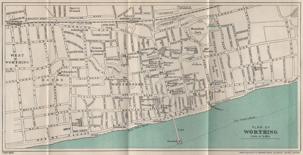 Worthing Postcode Map WORTHING vintage town/city plan. Sussex. WARD LOCK 1933 old vintage map ...