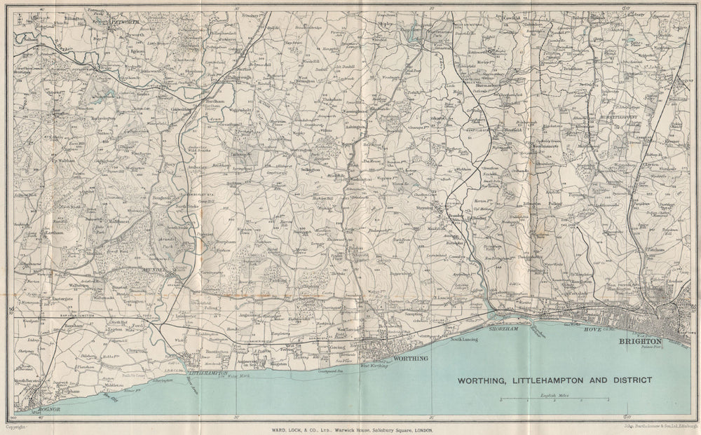 SOUTH DOWNS/SUSSEX COAST. Bognor Regis-Littlehampton-Worthing-Brighton 1933 map