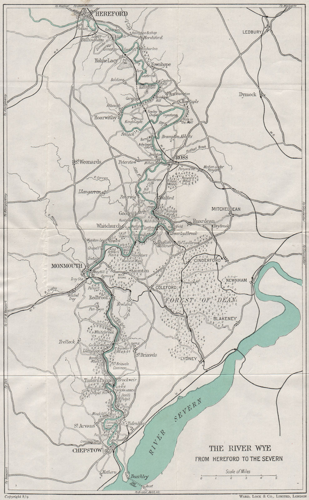 RIVER WYE VALLEY. Hereford-Ross-Monmouth-Chepstow-Severn. WARD LOCK 1953 map