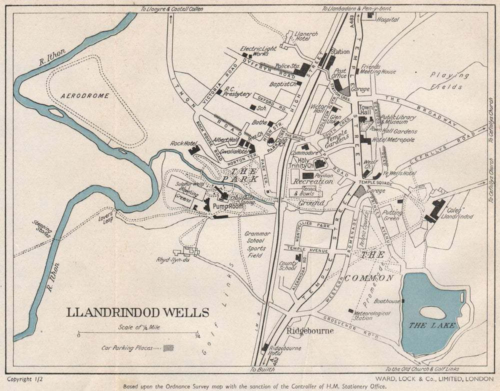 LLANDRINDOD WELLS vintage town/city plan. Wales. WARD LOCK 1953 old map