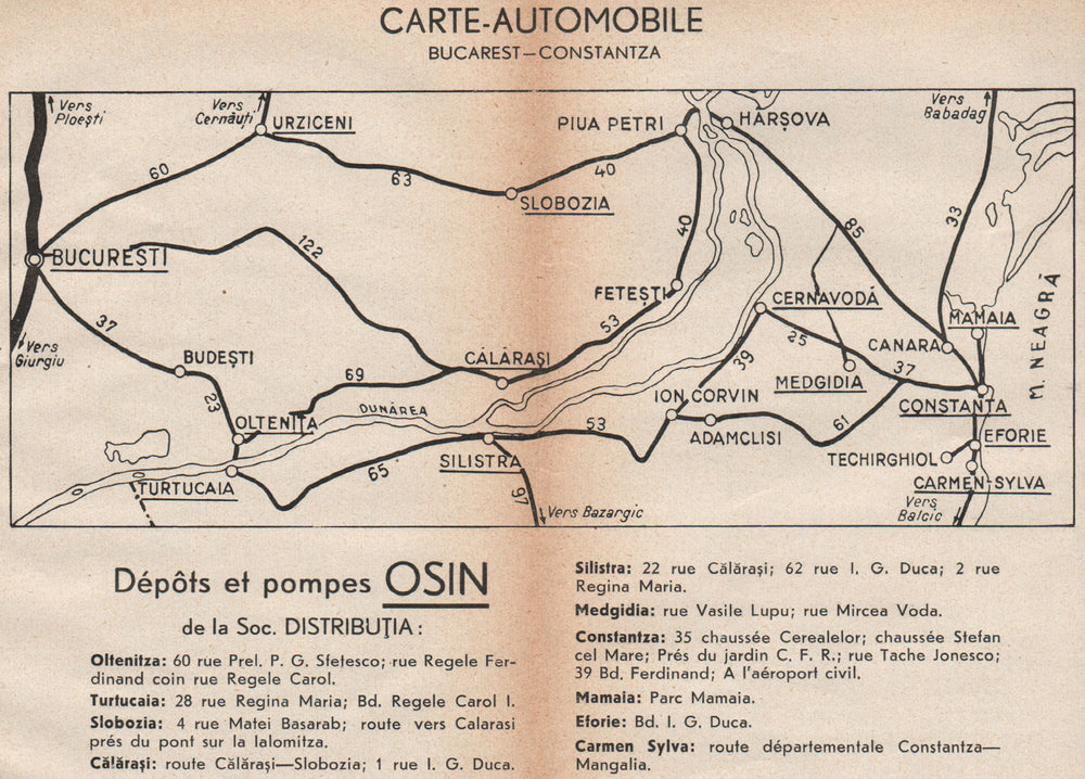 ROMANIA vintage road map. Bucarest-Oltenita-Harsova-Constanta 1938 old