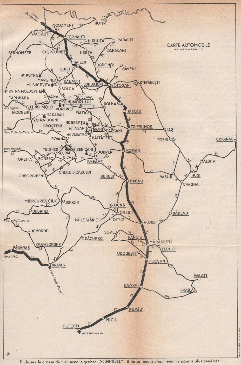 ROMANIA/UKRAINE vintage road map. Bucharest-Ploesti-Botosani-Chernivtsi 1938
