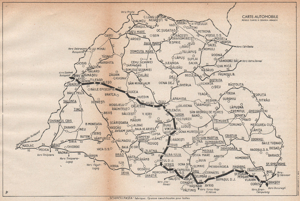 ROMANIA vintage road map. Regele Carol II. Oradea-Brasov 1938 old vintage