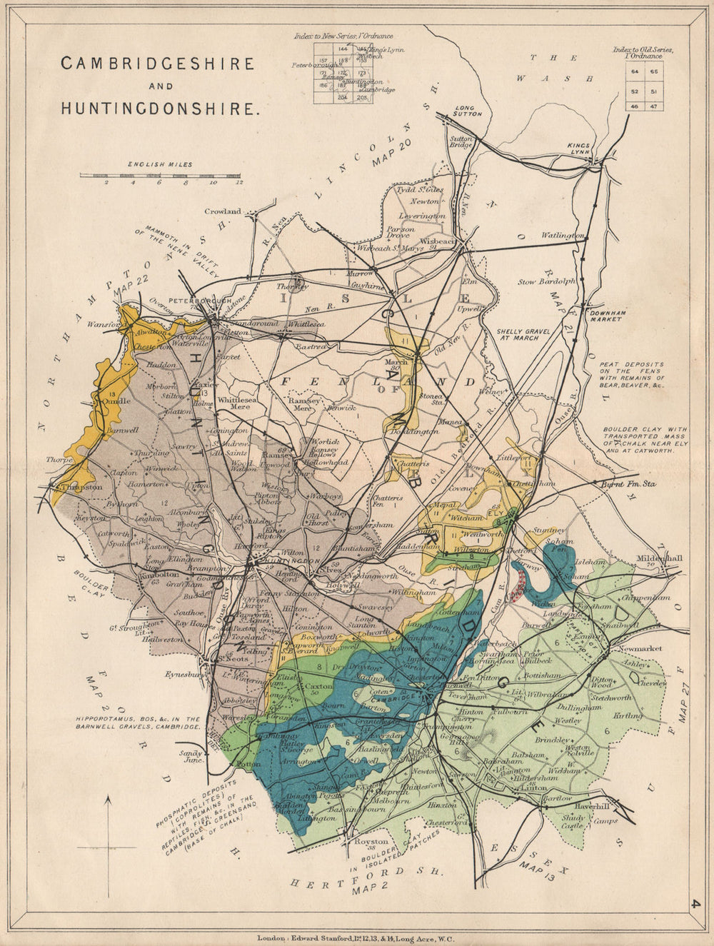 CAMBRIDGESHIRE AND HUNTINGDONSHIRE Geological map. STANFORD 1913 old