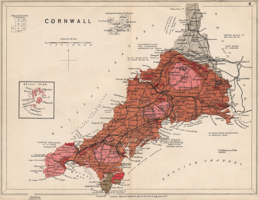 CORNWALL Geological map. STANFORD 1913 old antique vintage plan chart