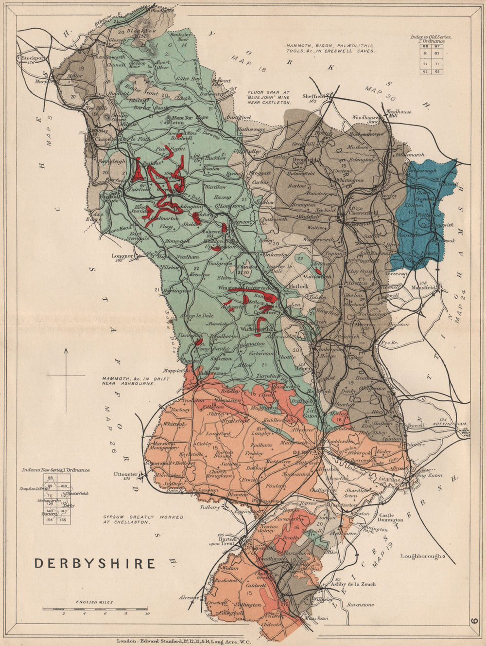 DERBYSHIRE Geological map. STANFORD 1913 old antique vintage plan chart