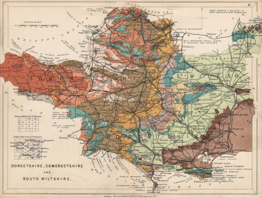 DORSET, SOMERSET AND SOUTH WILTSHIRE Geological map. STANFORD 1913 old