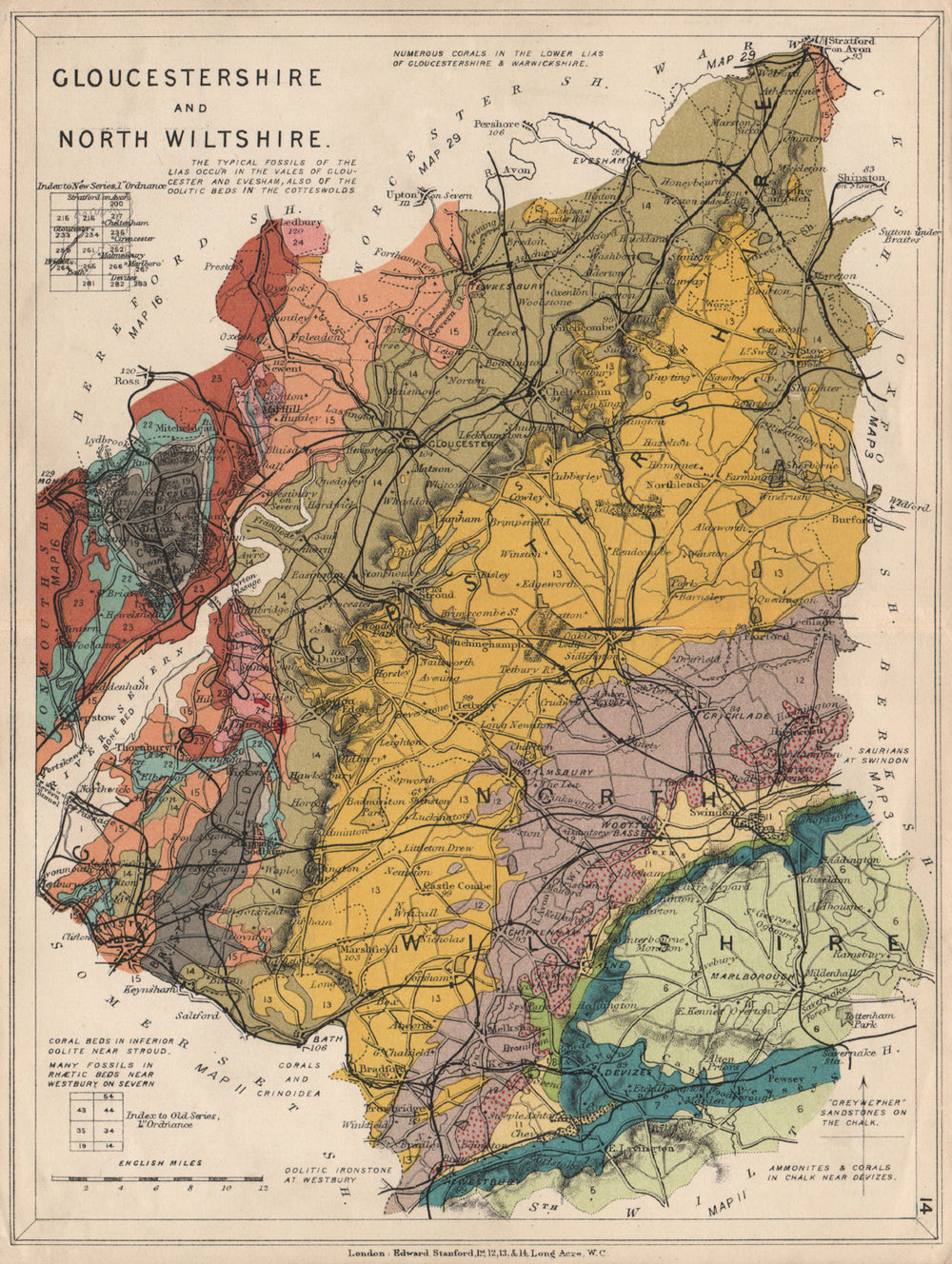GLOUCESTERSHIRE AND NORTH WILTSHIRE Geological map. STANFORD 1913 old