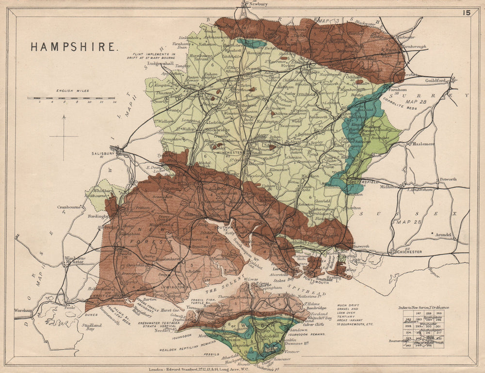 HAMPSHIRE Geological map. Isle of Wight. STANFORD 1913 old antique chart