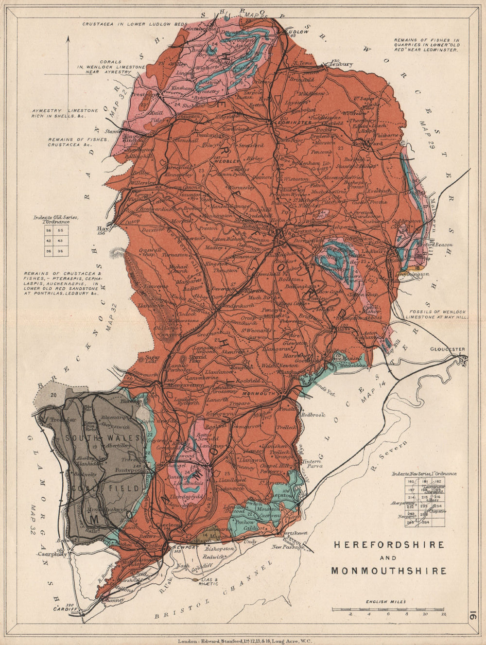 HEREFORDSHIRE AND MONMOUTHSHIRE Geological map. STANFORD 1913 old antique