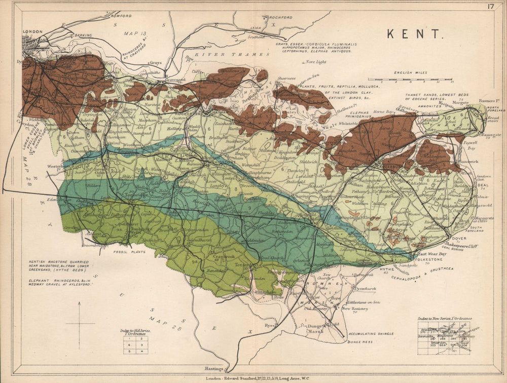 KENT Geological map. STANFORD 1913 old antique vintage plan chart