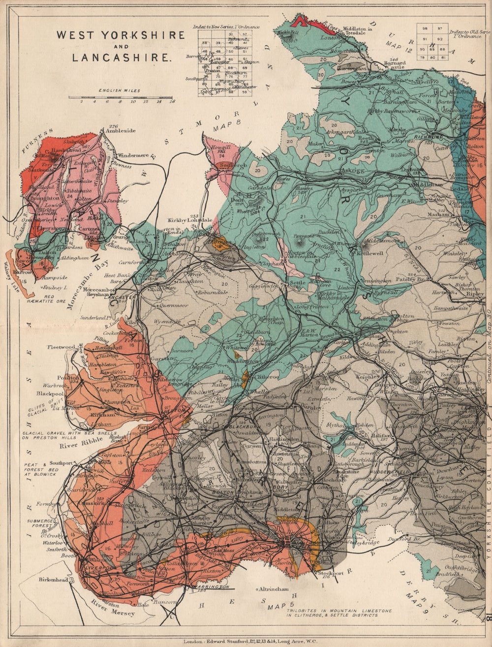 WEST YORKSHIRE AND LANCASHIRE Geological map. STANFORD 1913 old antique