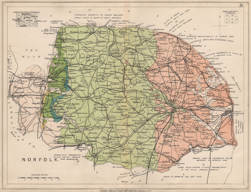 NORFOLK Geological map. STANFORD 1913 old antique vintage plan chart