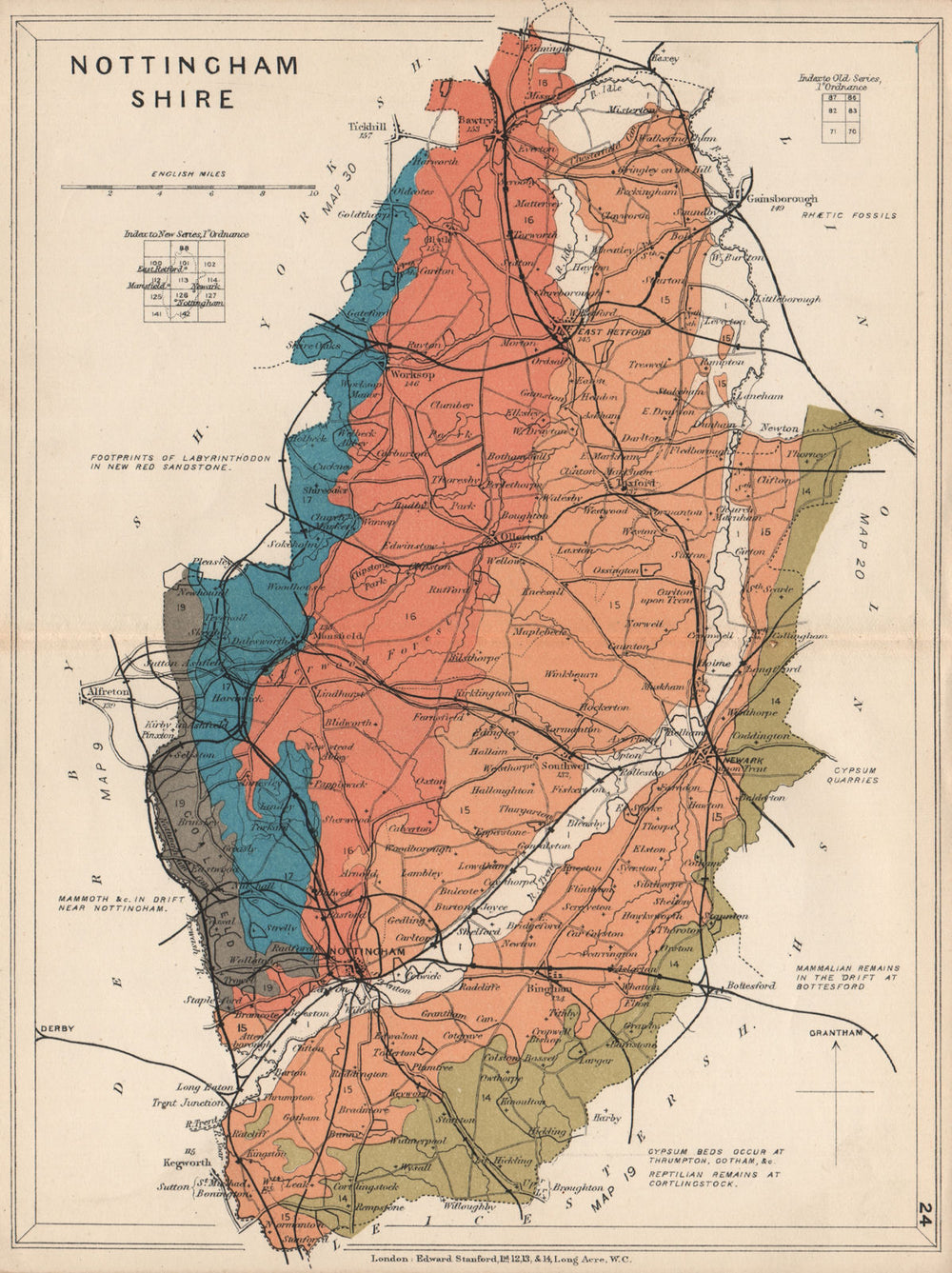 NOTTINGHAMSHIRE Geological map. STANFORD 1913 old antique plan chart