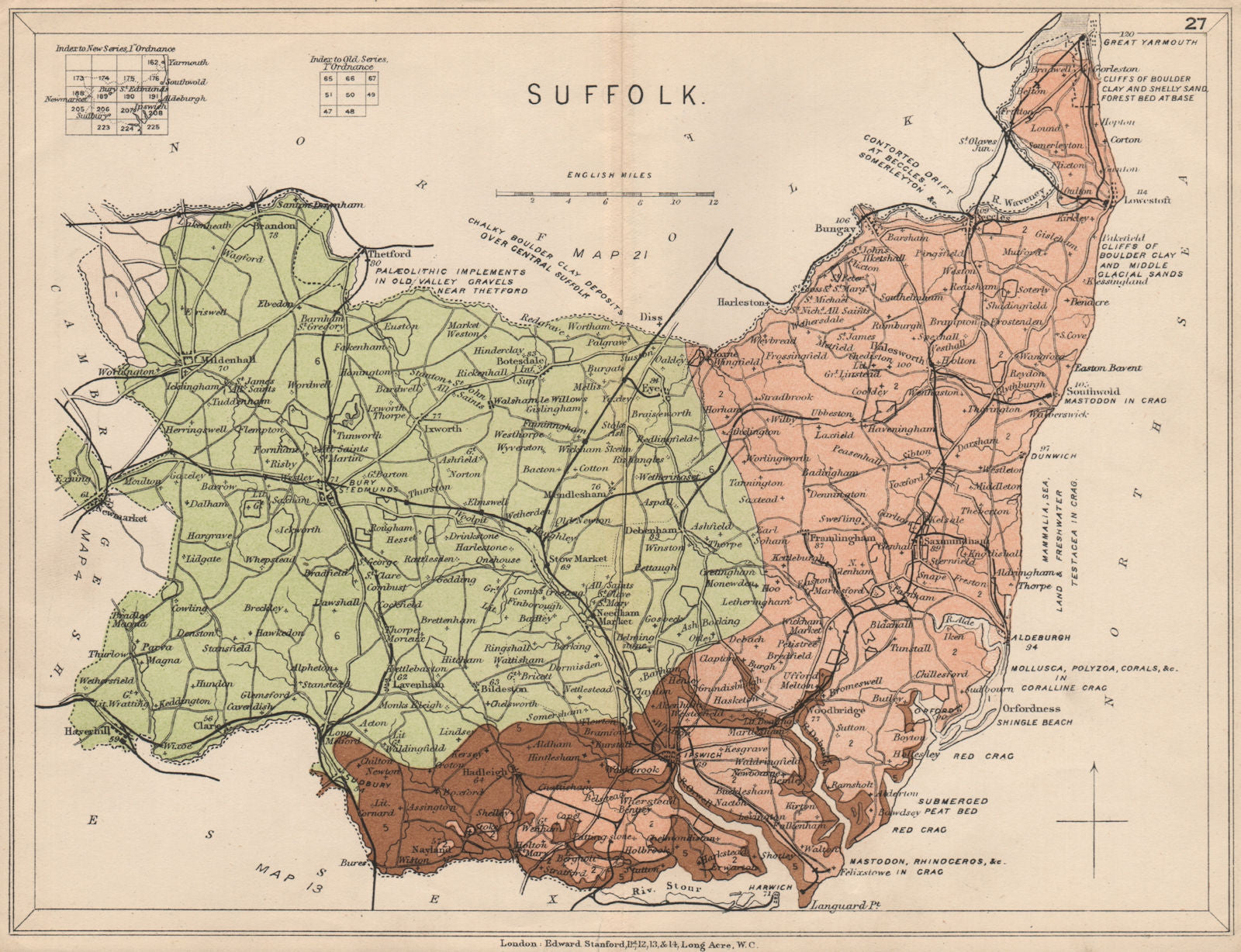 SUFFOLK Geological map. STANFORD 1913 old antique vintage plan chart ...