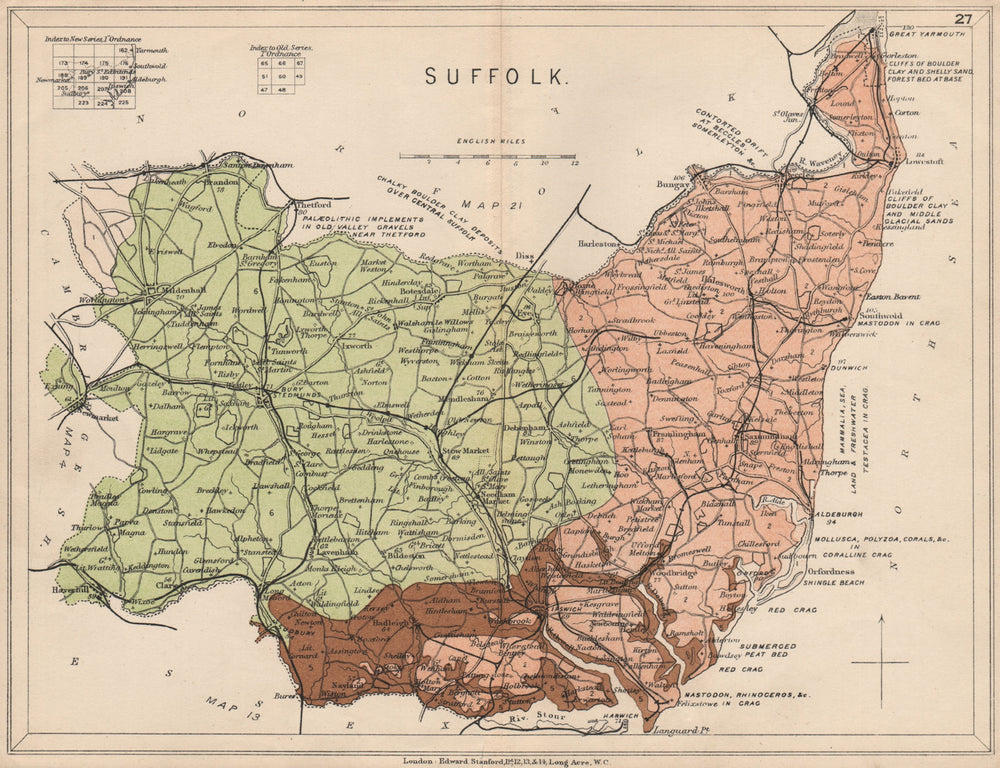 SUFFOLK Geological map. STANFORD 1913 old antique vintage plan chart