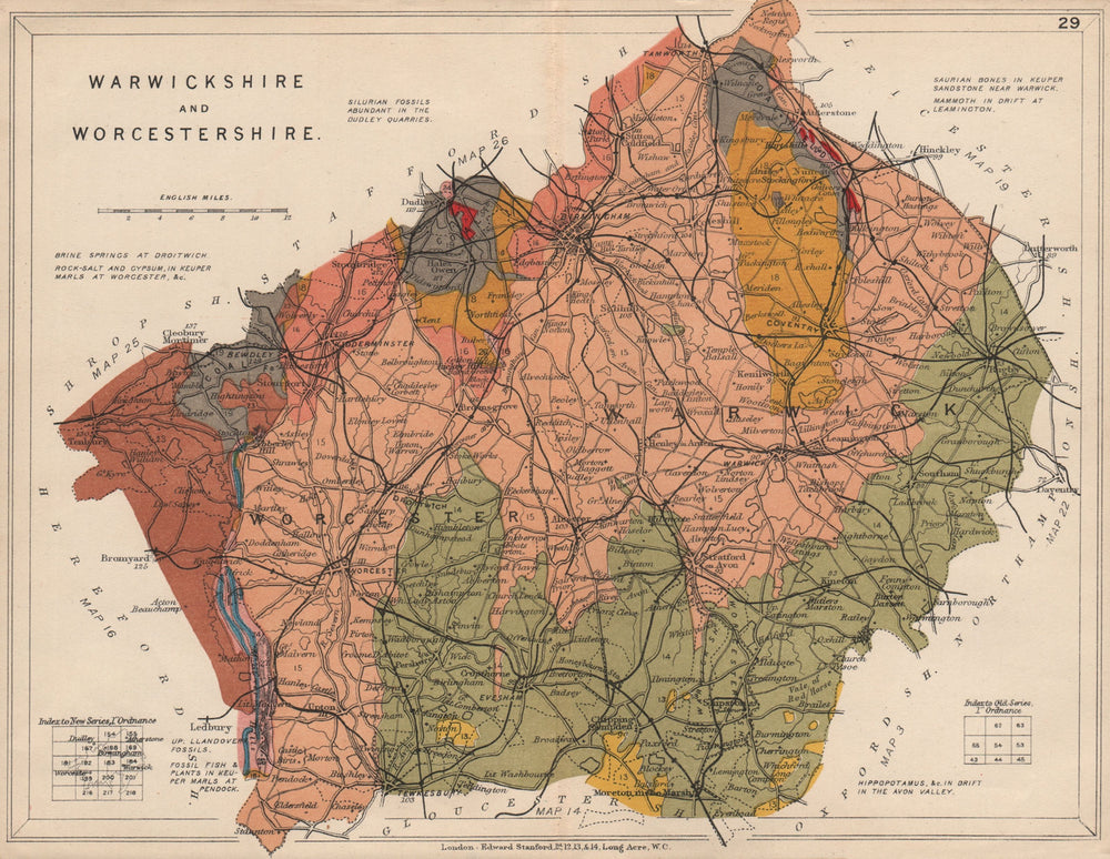 WARWICKSHIRE AND WORCESTERSHIRE Geological map. STANFORD 1913 old antique