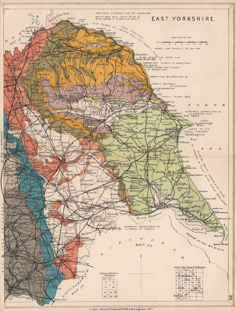 EAST YORKSHIRE Geological map. STANFORD 1913 old antique plan chart