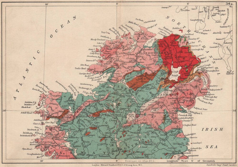 NORTHERN IRELAND Geological map. STANFORD 1913 old antique plan chart