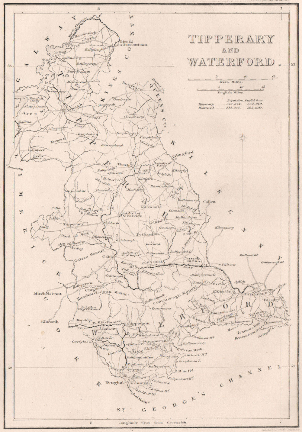 Antique TIPPERARY AND WATERFORD county map by Alfred ADLARD. Ireland 1835