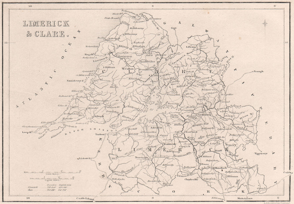 Antique LIMERICK & CLARE county map by Alfred ADLARD. Ireland 1835 old