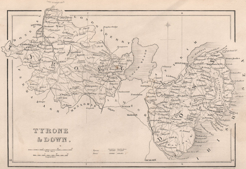 Antique TYRONE & DOWN county map by Alfred ADLARD. Northern Ireland Ulster 1835