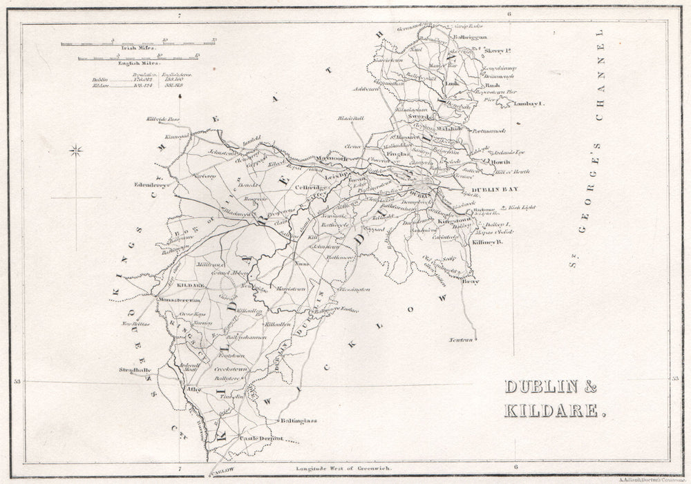 Antique DUBLIN & KILDARE county map by Alfred ADLARD. Ireland 1835 old