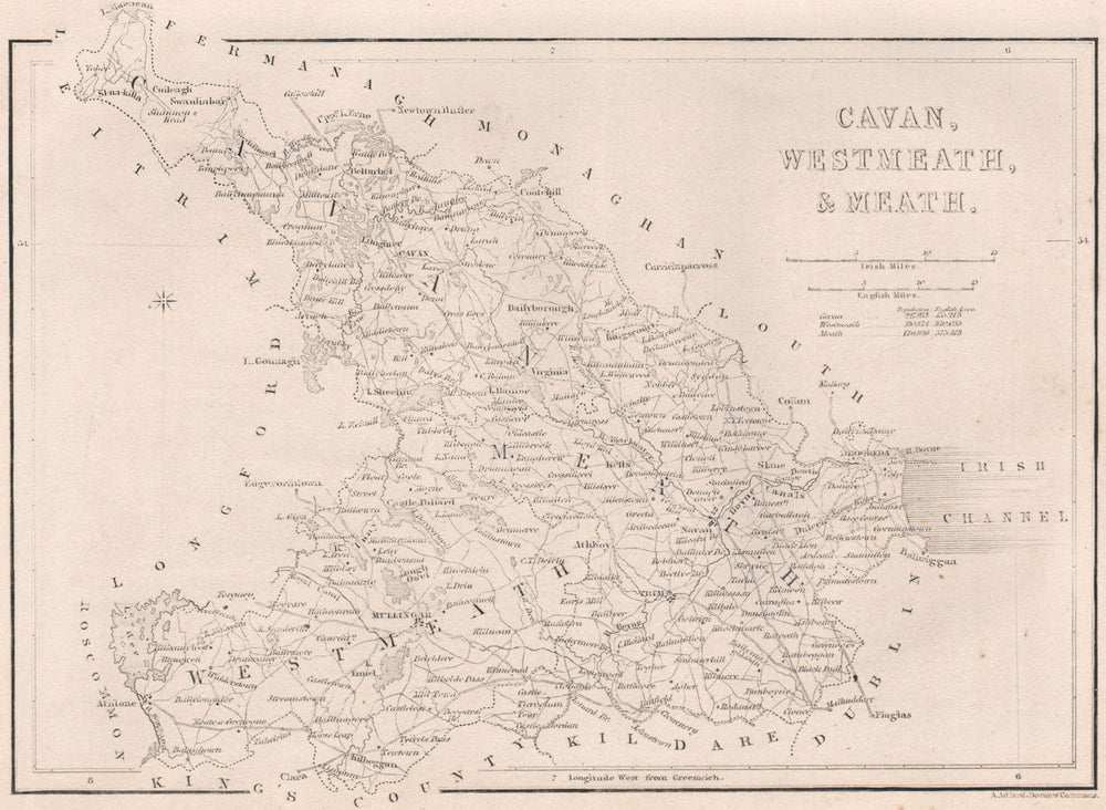 Antique CAVAN, WESTMEATH & MEATH county map by Alfred ADLARD. Ireland 1835