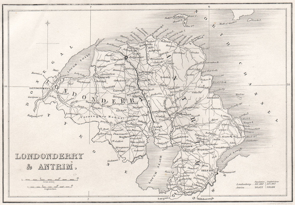Antique LONDONDERRY & ANTRIM county map. ADLARD. Northern Ireland Ulster 1835