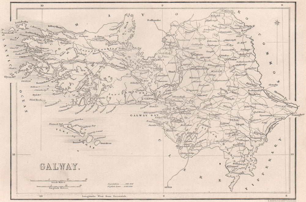 Antique GALWAY county map by Alfred ADLARD. Ireland 1835 old chart