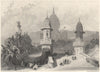 Ghat and Temple at Gokul, India 1840 old antique vintage print picture