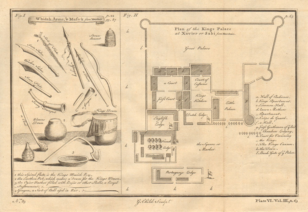 WHYDAH BENIN. Arms Music. King's Palace at Xavier or Sabi/Savi. G.CHILD 1746 map