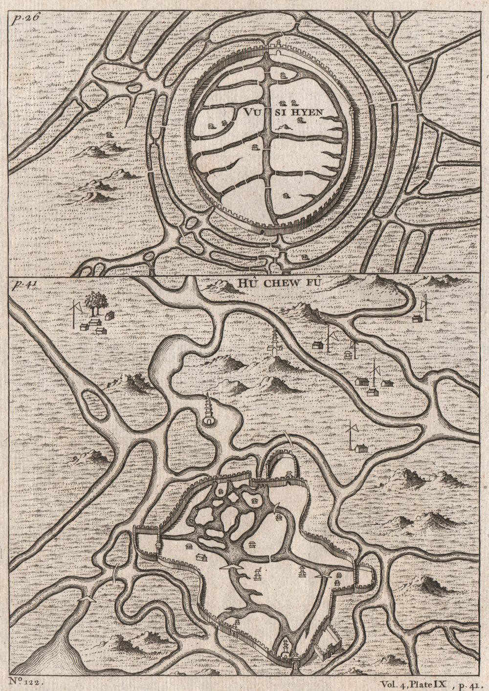 ANTIQUE CHINESE CITY PLANS. Vu si hyen (WUXI) & Hu Chew Fy (HUZHOU) 1746 map