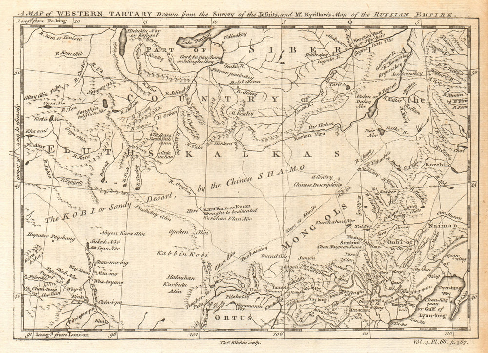 MONGOLIA. 'Western Tartary' from the Jesuit survey & Kyrillow. KITCHIN 1746 map