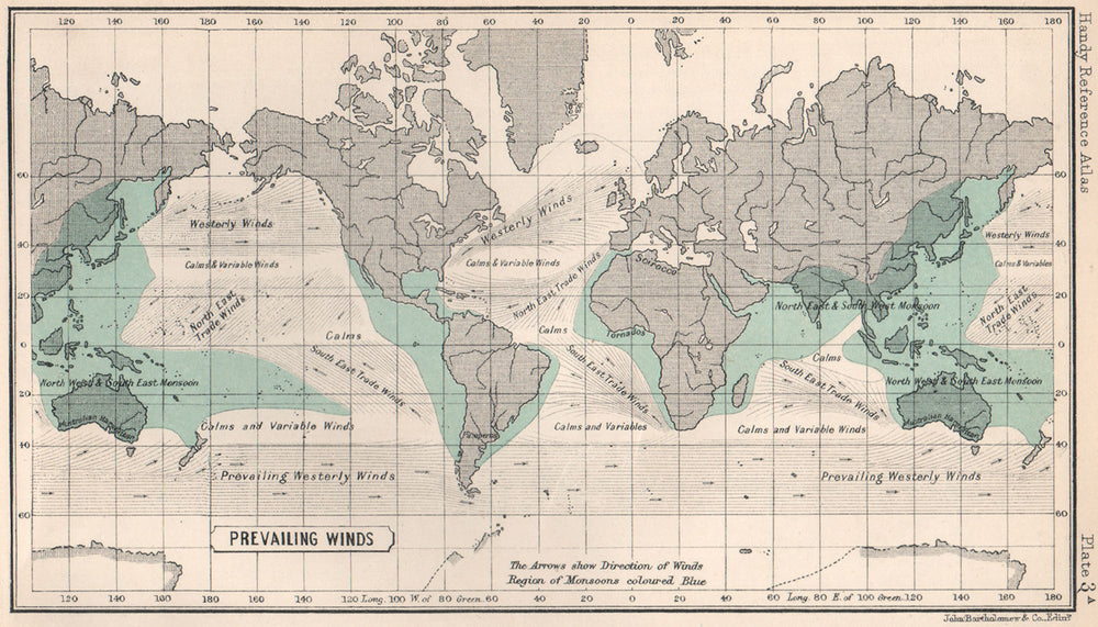 World Prevailing Winds. BARTHOLOMEW 1904 old antique vintage map plan chart