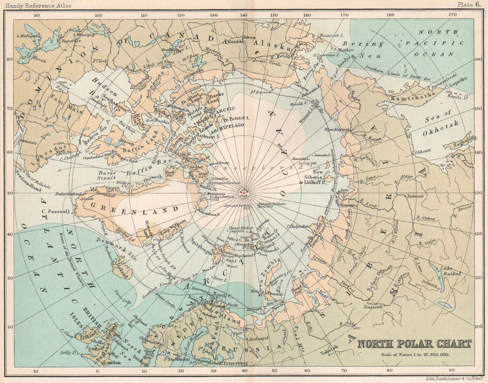 North Polar chart. Explorers' positions. Drift ice limits. Arctic 1904 old map