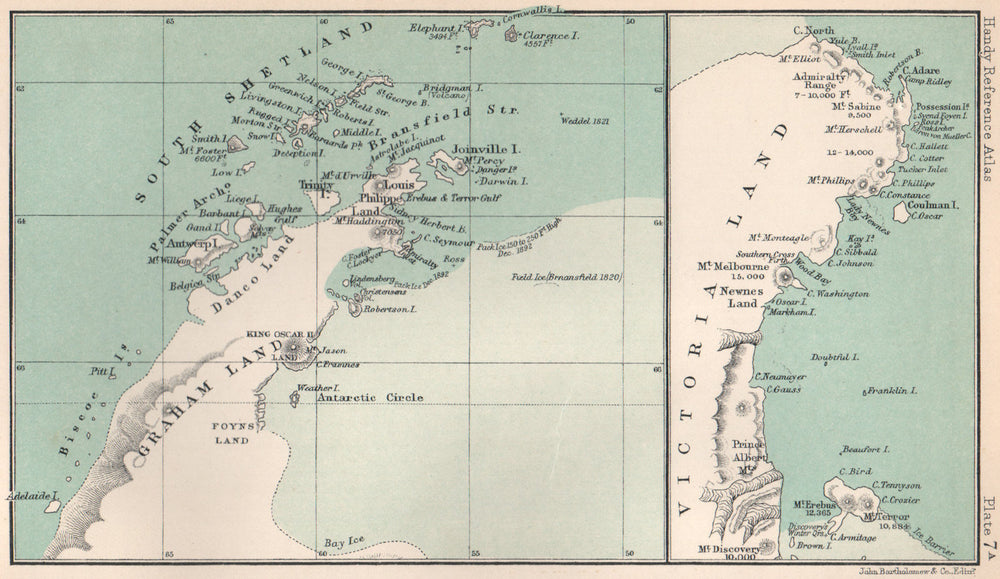 Graham Land & Victoria Land. South Pole. Antarctic. BARTHOLOMEW 1904 old map