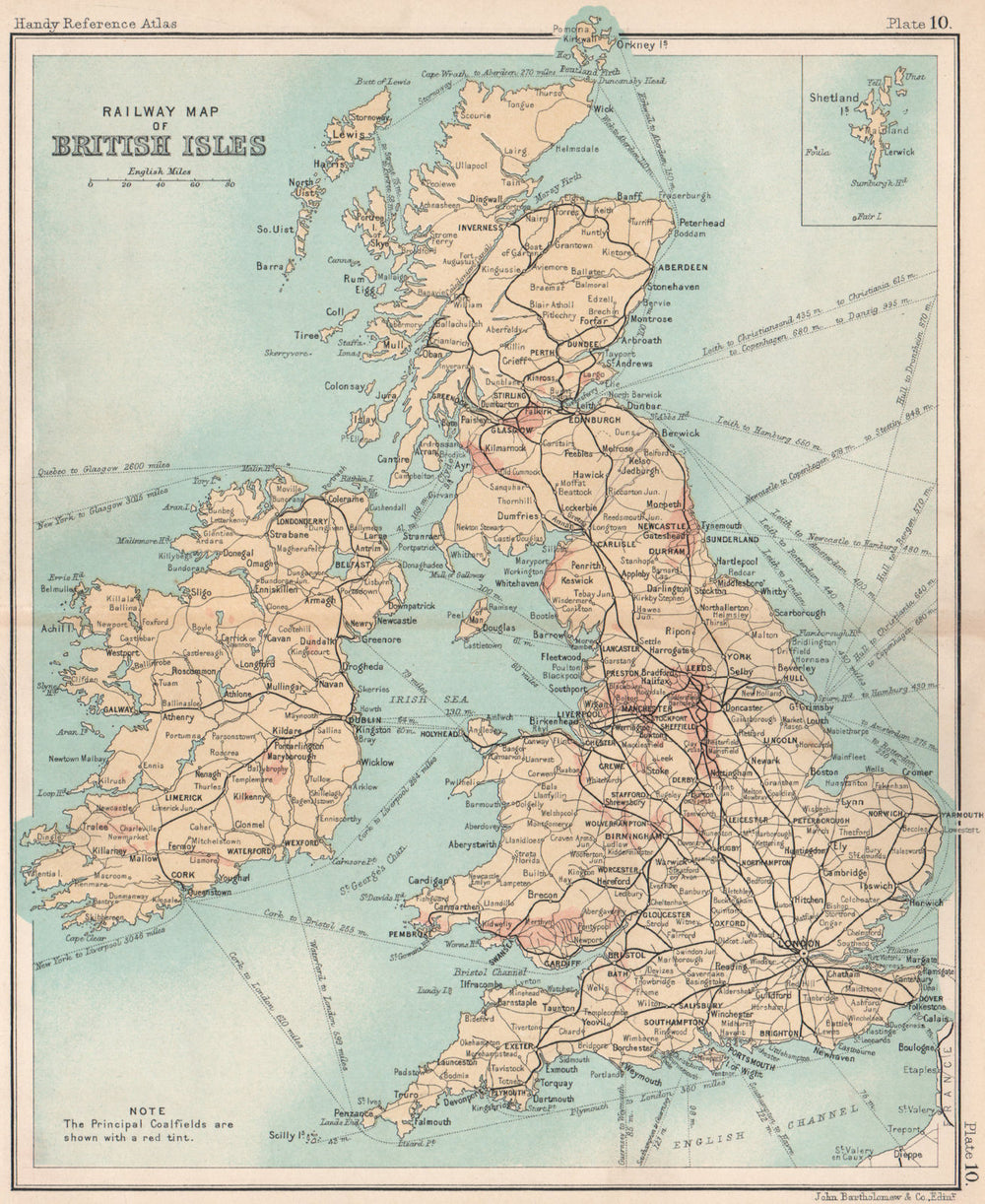Railway map of British Isles showing coalfields. BARTHOLOMEW 1904 old
