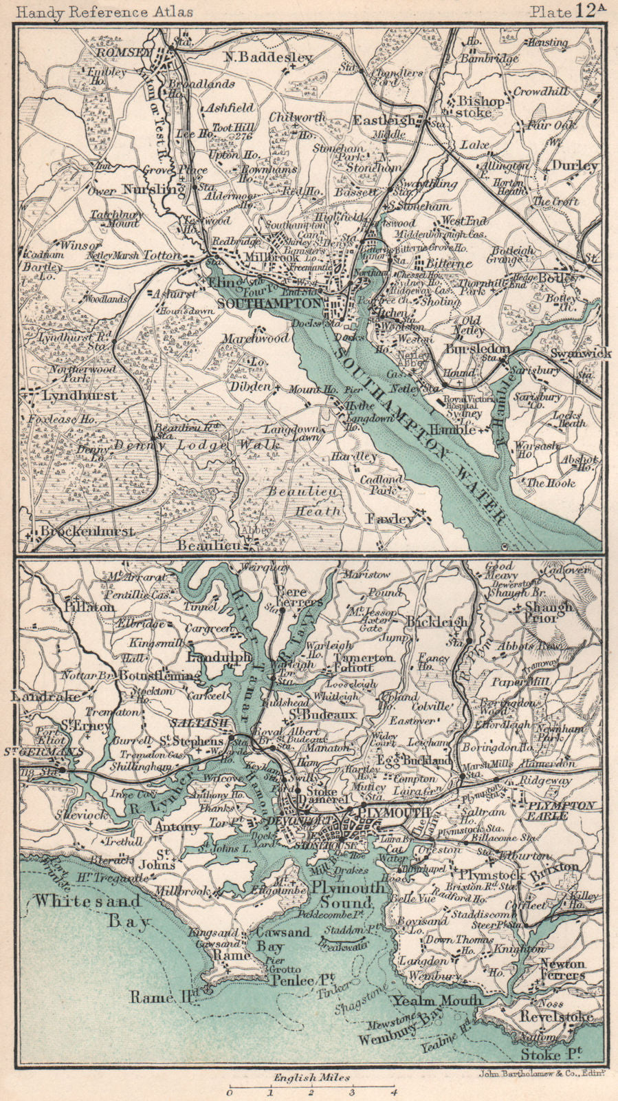Environs of Southampton & Plymouth. Hampshire. BARTHOLOMEW 1904 old map