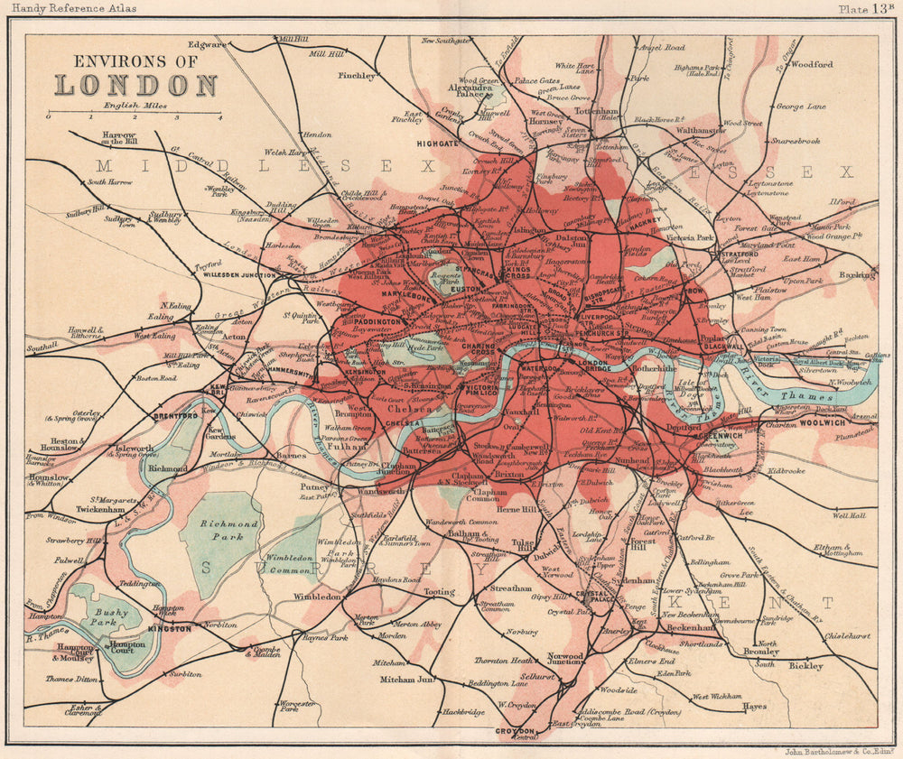 Greater London railways. BARTHOLOMEW 1904 old antique vintage map plan chart