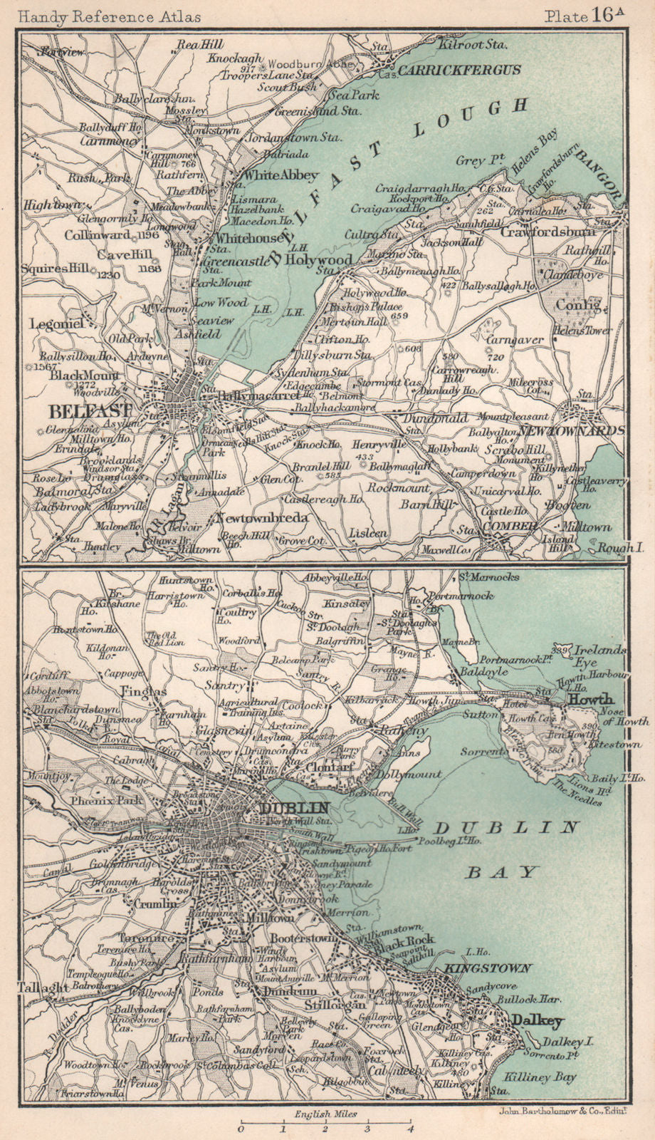 Environs of Belfast & Dublin. Ireland. BARTHOLOMEW 1904 old antique map chart