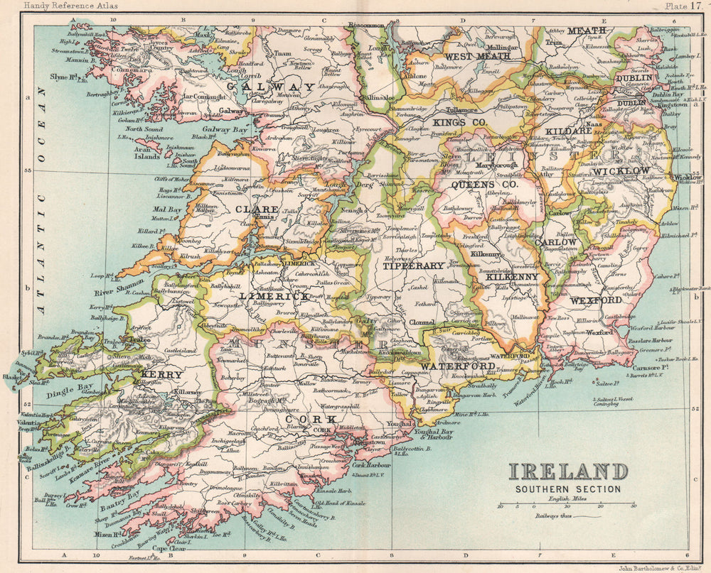 Ireland Southern Section. BARTHOLOMEW 1904 old antique vintage map plan chart