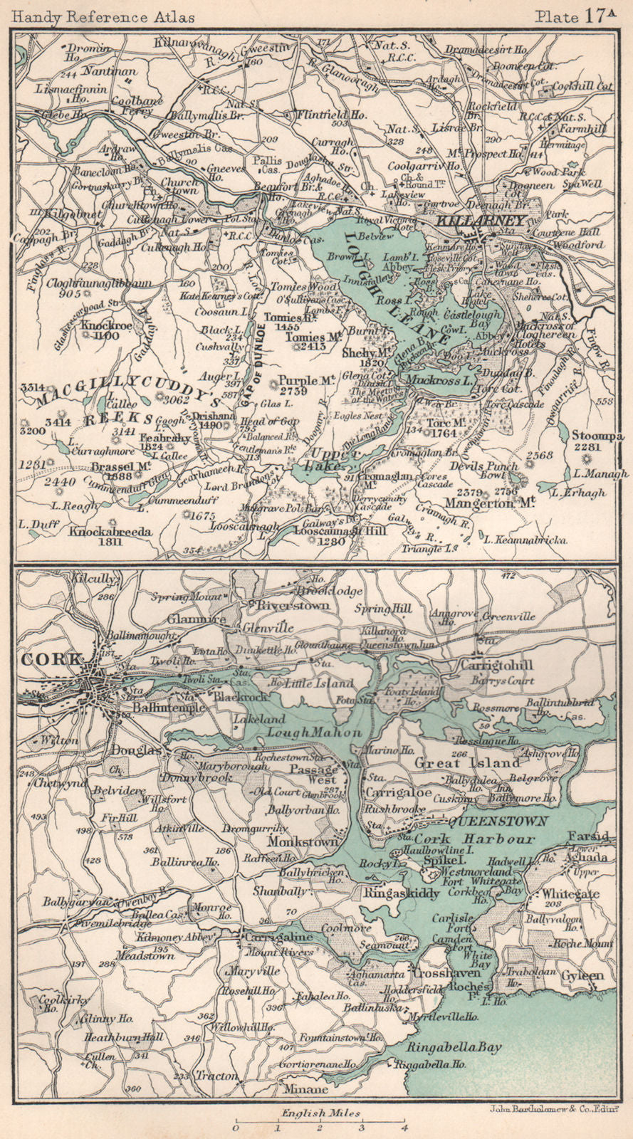 Lakes of Killarney & Cork harbour. Ireland. BARTHOLOMEW 1904 old antique map