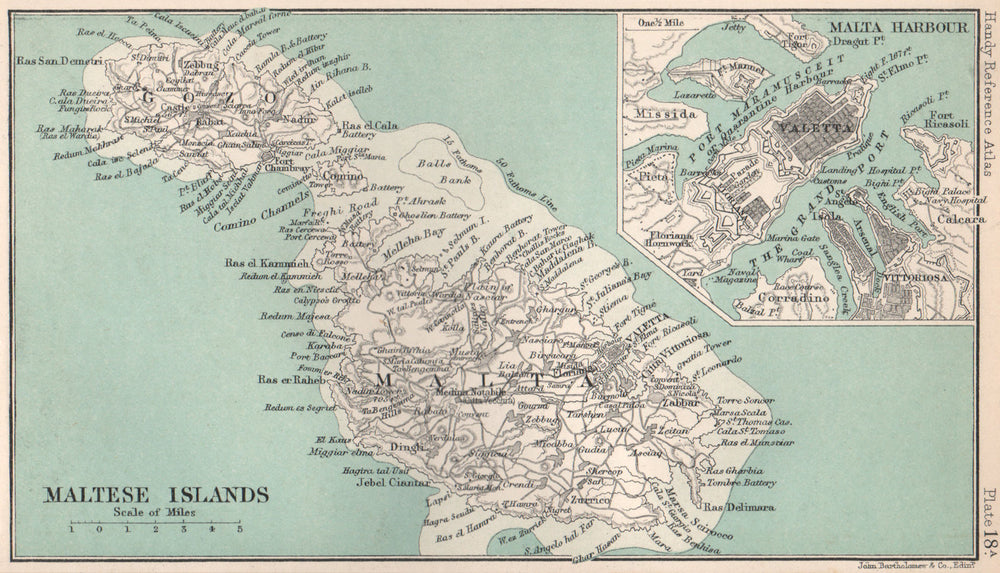 Maltese Islands. Valletta. Malta & Gozo. BARTHOLOMEW 1904 old antique map