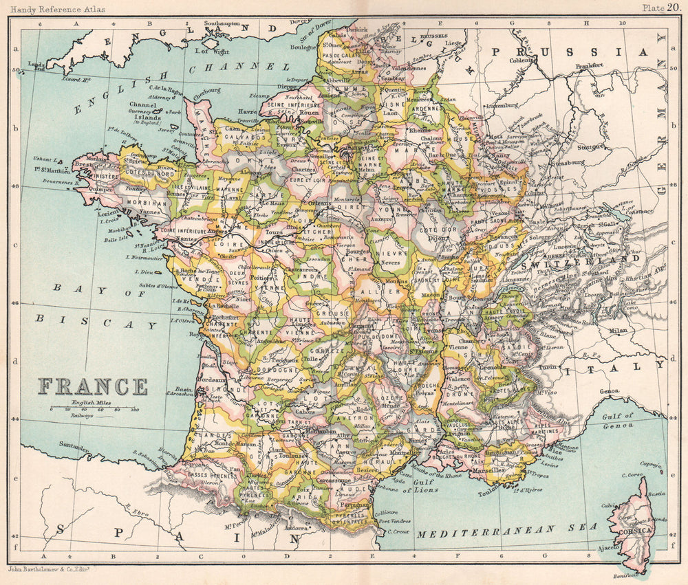 France without Alsace & Lorraine. BARTHOLOMEW 1904 old antique map plan chart