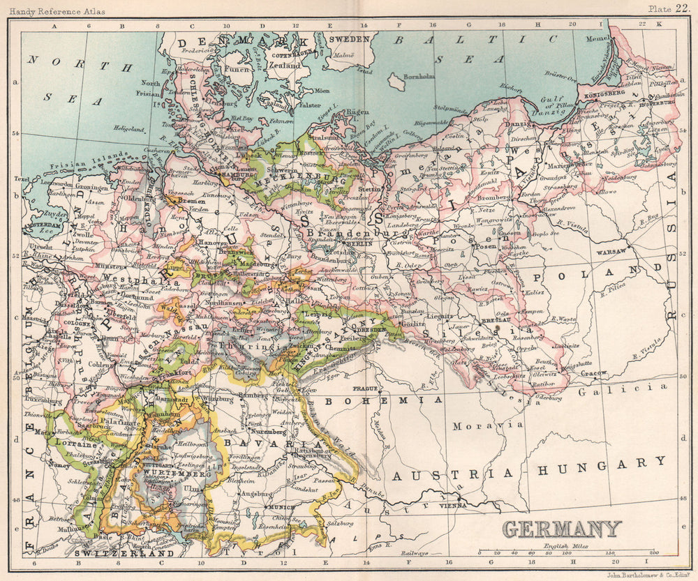 Germany showing states. BARTHOLOMEW 1904 old antique vintage map plan chart