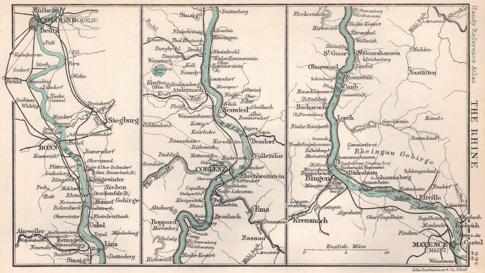 The Rhine. Cologne - Bonn - Coblenz - Mainz. Germany. BARTHOLOMEW 1904 old map