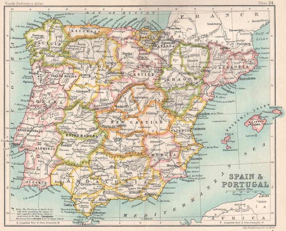 Spain and Portugal provinces. Iberia. BARTHOLOMEW 1904 old antique map chart