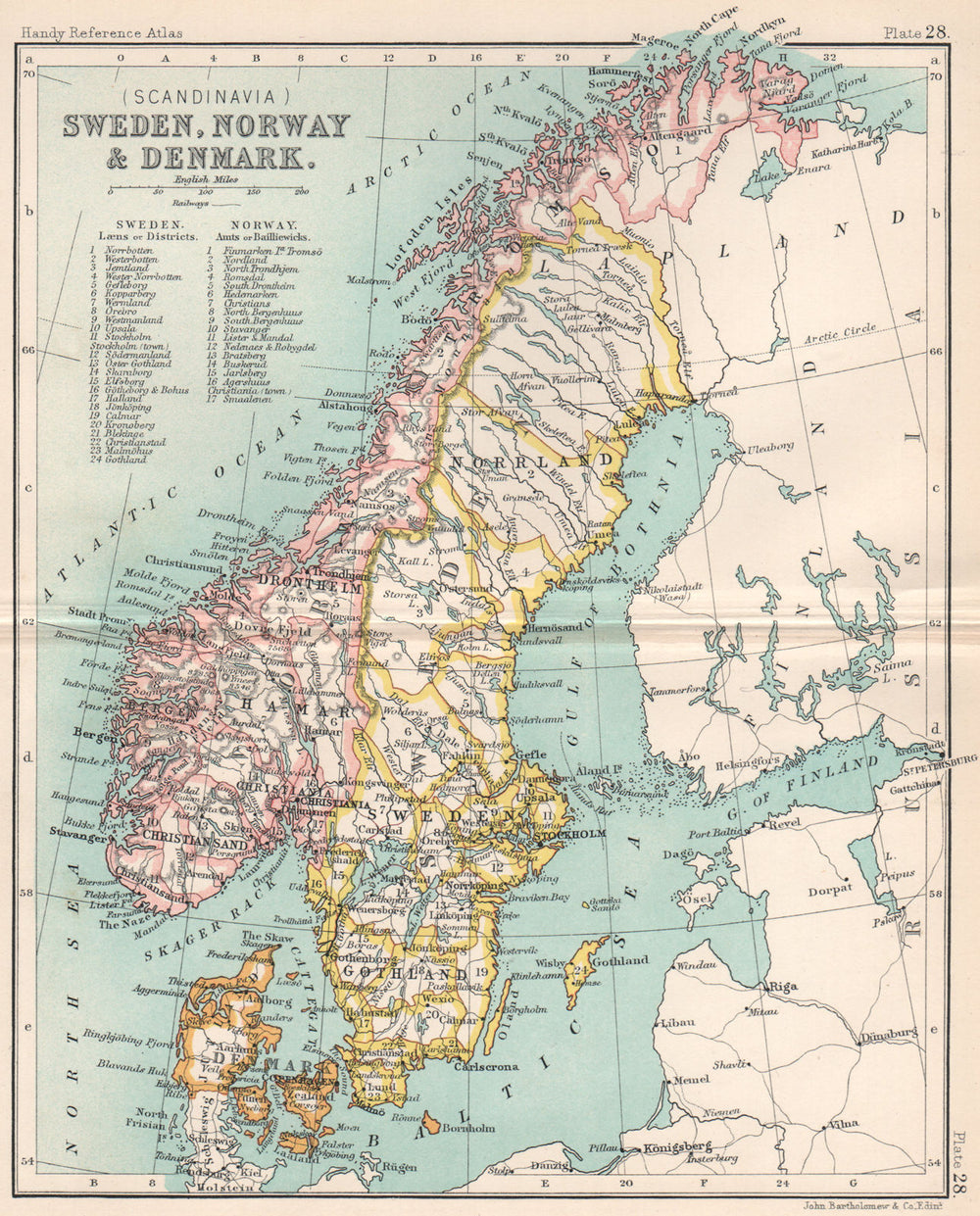 Sweden, Norway, & Denmark. Scandinavia. BARTHOLOMEW 1904 old antique map chart